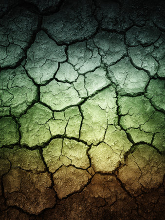 Surface of cracked earth displays a gradient of green and brown shades, indicating drought conditions in a natural landscape under sunlight.の素材