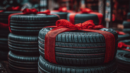 Vibrant arrangement of tires adorned with reds, creating a creative and festive bow atmosphere for the holiday season.の素材