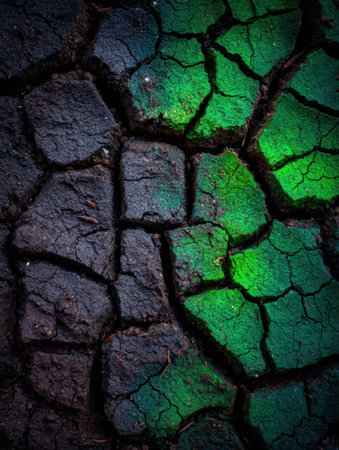 Dry, cracked soil displays vibrant green patches, suggesting life amidst challenging conditions in a natural setting under sunlight.の素材