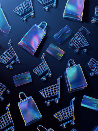 A collection of transparent shopping bags and miniature cars is arranged artistically on a dark surface, showcasing an array of colors and reflections.の素材