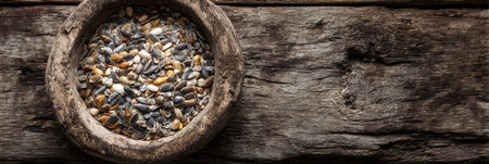 A bowl filled with a variety of seeds sits on a textured wooden table, showing natural colors and a rustic setting during midday.の素材