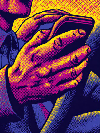 Close-up of hands on a smartphone and steering wheel, showing bold colors and patterns in a modern setting.の素材