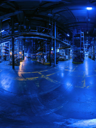 A vast warehouse space illuminated by blue lights, featuring shelves stocked with goods and empty areas for storage at night.の素材