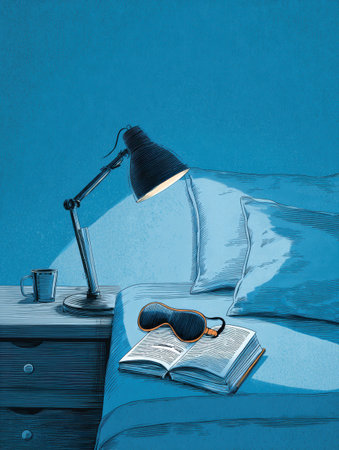 A cozy bedside scene showcases a lamp illuminating an open book beside a sleep mask, creating a peaceful ambiance in a blue-toned bedroom at night.の素材