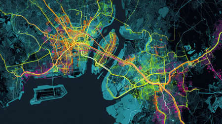 Detailed representation of an urban area with colorful lines indicating roads and waterways, showcasing the citys infrastructure and layout at night.の素材