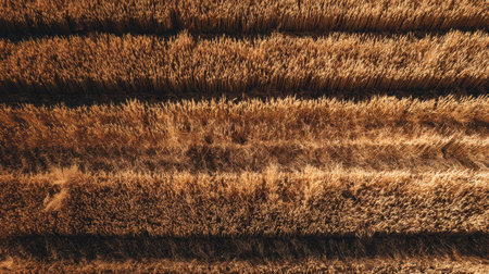 Wheat fields are illuminated by warm evening light, showcasing rows of golden stalks swaying gently in the breeze.の素材