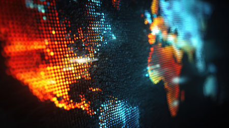 Vibrant abstract world map highlighting regions, technology, and art in a digital style.の素材