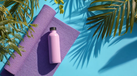 A pink water bottle rests on a purple exercise mat. Green leaves frame the scene against a bright blue background, suggesting a tranquil outdoor setting.の素材