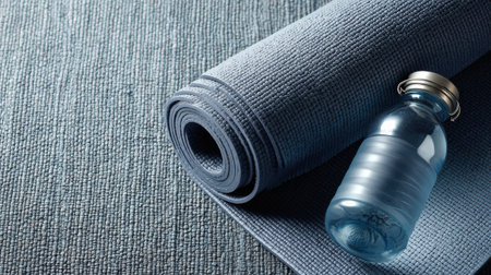 An exercise mat is rolled up next to a glass water bottle on a textured gray surface, ready for yoga or workout sessions at any time.の素材