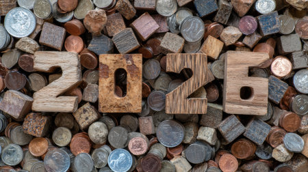 Wooden digits representing 2026 are positioned among a collection of coins and small blocks, creating a unique and artistic layout for the new year.の素材