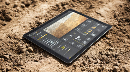 A tablet rests on the ground, showing detailed readings of soil conditions and environmental data in a farm setting.の素材