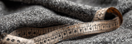 Close-up view of gray textured fabric with a measuring tape draped over it, showing the intricate weave and preparing for sewing or crafting.の素材