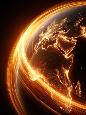 A stunning view of Earth highlighting Africa and Europe, enhanced with bright light trails, creating a vibrant and energetic atmosphere.の素材