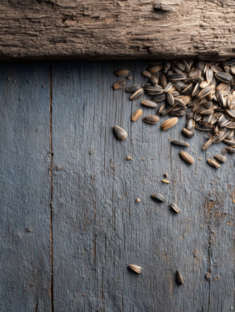 Sunflower seeds are spread across a weathered wooden table, showing the natural grains and textures in warm lighting. The scene evokes a sense of simplicity.の素材