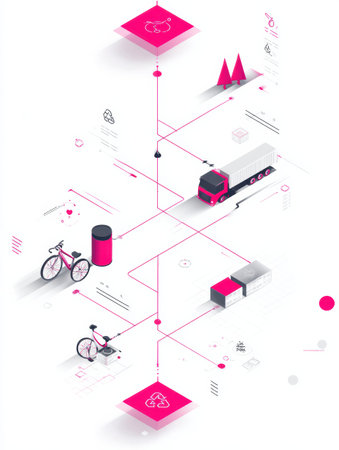 A vivid illustration features a transportation network with a truck, bicycle, and recycling elements linked by colorful lines and shapes.の素材