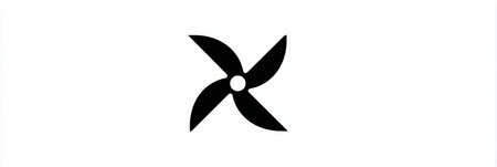 A bold, black symbol depicting a four-bladed propeller is centered on a clean white background, highlighting simplicity and modern design.の素材
