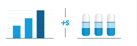 Bar chart shows growth trends in healthcare sectors alongside capsule graphics representing medical advancements and treatments in a modern style.の素材