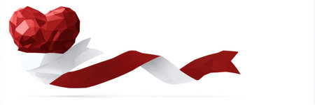 Low poly heart shape in vibrant red color surrounded by flowing ribbons in white and red, perfect for expressing love and celebration themes.の素材