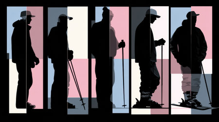 Silhouettes of six skiers stand in profile, showcasing their various poses and equipment against a colorful, modern backdrop.の素材