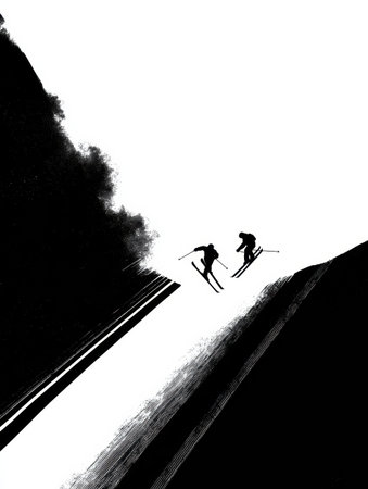 Silhouetted skiers leap through the air against a stark black and white background, showing their skills in a mountainous landscape at sunset.の素材