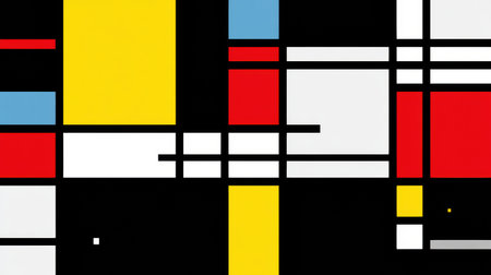 Colorful geometric shapes arranged in a modern abstract pattern, showing a blend of red, yellow, blue, black, and white in a striking visual design.の素材