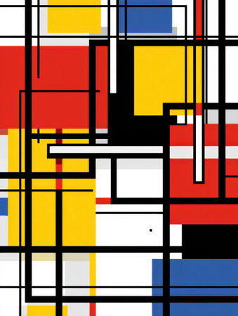Vibrant arrangement of primary colors and black lines creates a striking abstract design that highlights geometric shapes and modern art influence.の素材