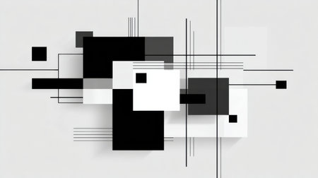 Dynamic arrangement of black and white geometric shapes and lines creates a striking visual pattern, ideal for modern art enthusiasts and interior spaces.の素材