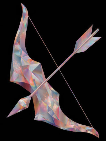 A vibrant geometric bow and arrow design showcases glossy surfaces and sharp angles, creating a striking visual effect suitable for modern artwork.の素材