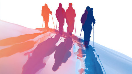 Four hikers equipped with poles traverse a snow-covered landscape, creating vibrant silhouettes against a bright, colorful backdrop at sunrise.の素材
