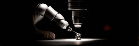 A robotic arm skillfully manipulates a small component under a microscope in a dark laboratory, showcasing precision in a scientific environment.の素材