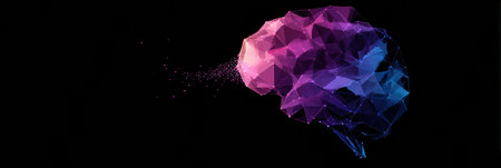 An abstract depiction of a brain composed of colorful polygons, emitting sparkling particles against a dark backdrop, symbolizing creativity and ideas.の素材