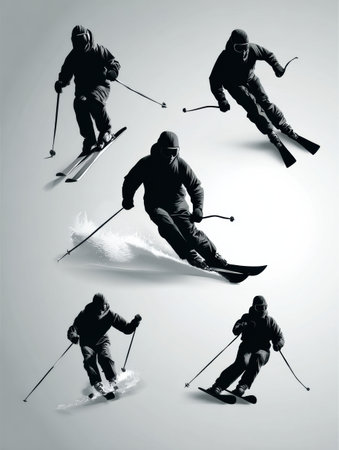 Five different skiing poses showcase an athletes skills on snowy slopes, emphasizing speed and agility in a winter sports setting.の素材