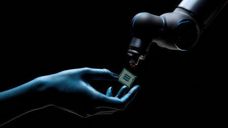 A robotic arm carefully transfers a microchip to a sleek, blue-colored hand, highlighting the partnership between humans and machines in technology.の素材
