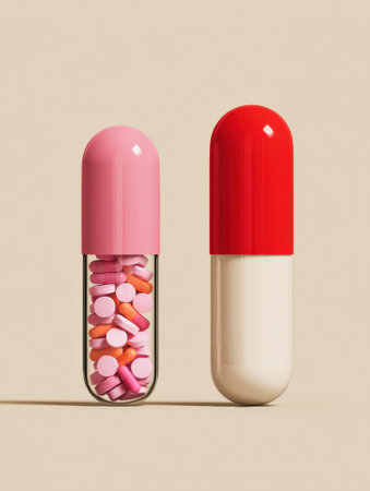 Vibrant capsules are positioned next to each other, showing a mix of pink and orange pills inside one, with a plain red capsule beside it.の素材