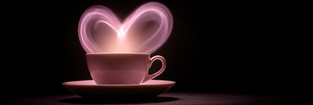 A pink cup sits on a saucer with heart-shaped light emanating from it, creating a cozy ambiance in a dark environment.の素材