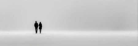 Two individuals stand hand in hand against a misty backdrop, surrounded by a serene blankness that enhances their connection.の素材