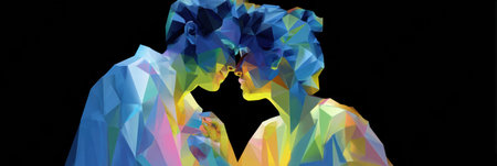 Two figures gently touching foreheads display a tender connection in a colorful, low-poly art style filled with bright hues and geometric patterns.の素材