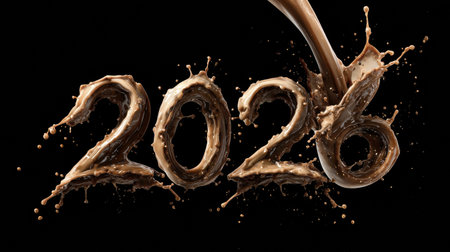 Rich chocolate splashes create the number 2026, showcasing motion and texture against a dark backdrop, capturing an energetic and playful moment.の素材