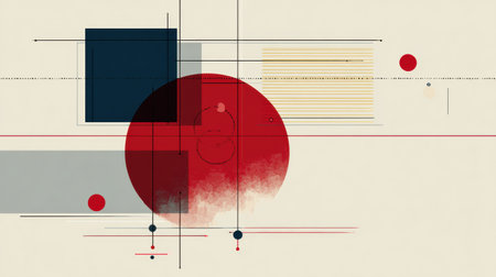 Vibrant red and blue geometric shapes create a striking abstract design on a neutral canvas, showcasing lines and circular forms in a dynamic layout.の素材