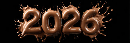 The number 2026 in glossy chocolate splashes stands out against a black background, creating an eye-catching and dynamic visual effect perfect for celebrations.の素材