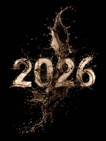 A dynamic representation of the year 2026, showcasing flowing water and fluid shapes against a black background, highlighting creativity and movement.の素材