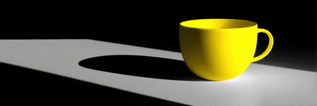 A vibrant yellow cup sits alone on a stark surface, with strong shadows emphasizing its shape and color in a minimalist setting.の素材