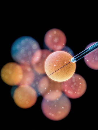 Colorful spheres are pipetted with care, highlighting their intricate details and vibrant hues in a scientific lab setting.の素材