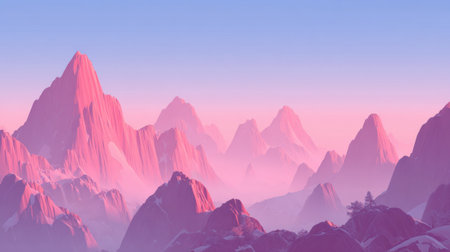 A stunning view of rugged mountains bathed in soft pink and purple hues during dusk. The landscape conveys a sense of peace and beauty in nature.の素材