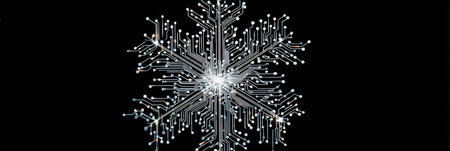 A unique snowflake made of circuit board designs blends technology with nature, creating a stunning effect on a dark background.の素材