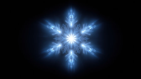 A beautifully detailed snowflake shape radiates a blue glow against a black background, creating a captivating winter atmosphere that mesmerizes onlookers.の素材