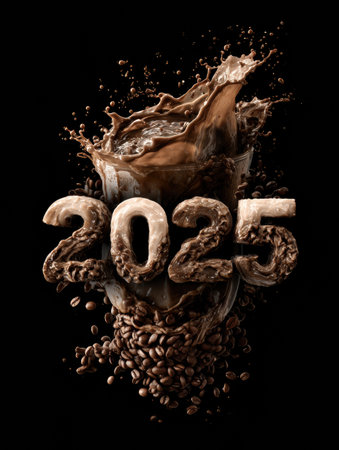 Bold and dynamic splash of brown liquid featuring the year 2025 surrounded by coffee beans, creating an energetic and modern coffee-themed designの素材