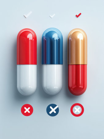 Three colored capsules are arranged in a row, showing choices in health options. Symbols below indicate correct and incorrect selections.の素材