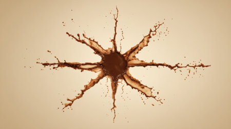 Rich brown chocolate creates a striking splash pattern against a soft beige background, highlighting the fluidity and energy of the liquid.の素材