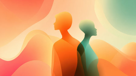 Silhouetted figures stand gracefully against a vibrant abstract backdrop filled with soft colors and curves, evoking a serene and artistic atmosphere.の素材